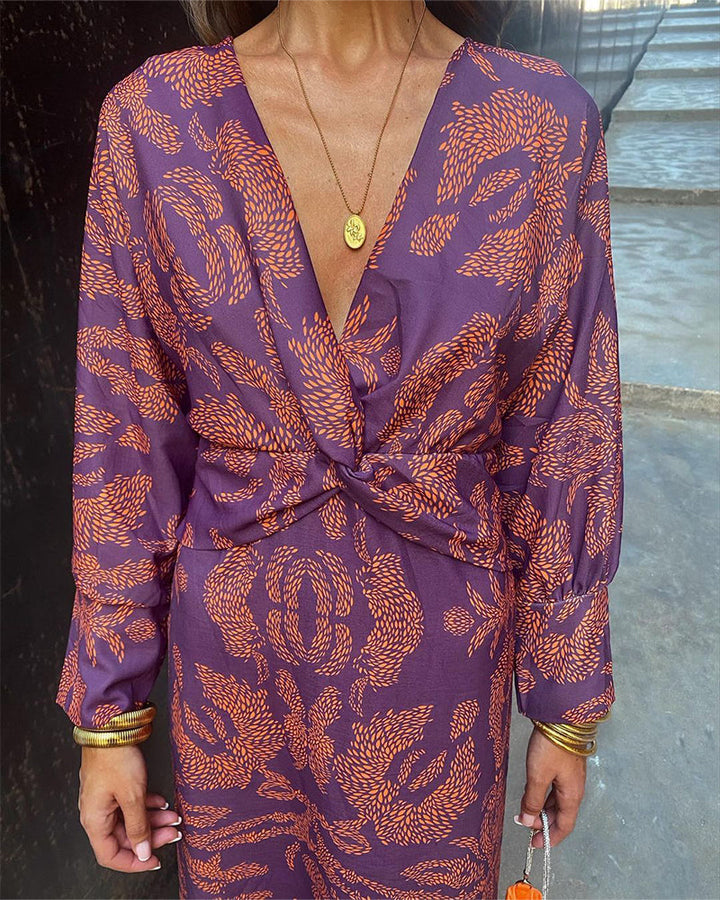 Sophia Vintage Printed V-Neck Long-sleeve Elegant Dress