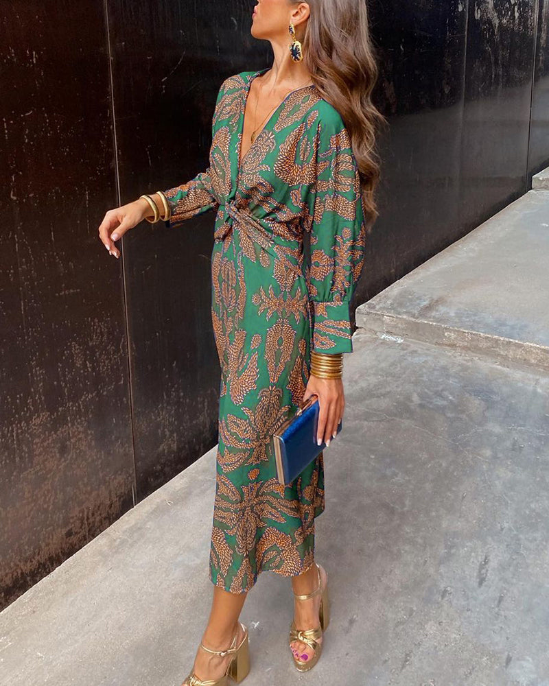 Sophia Vintage Printed V-Neck Long-sleeve Elegant Dress