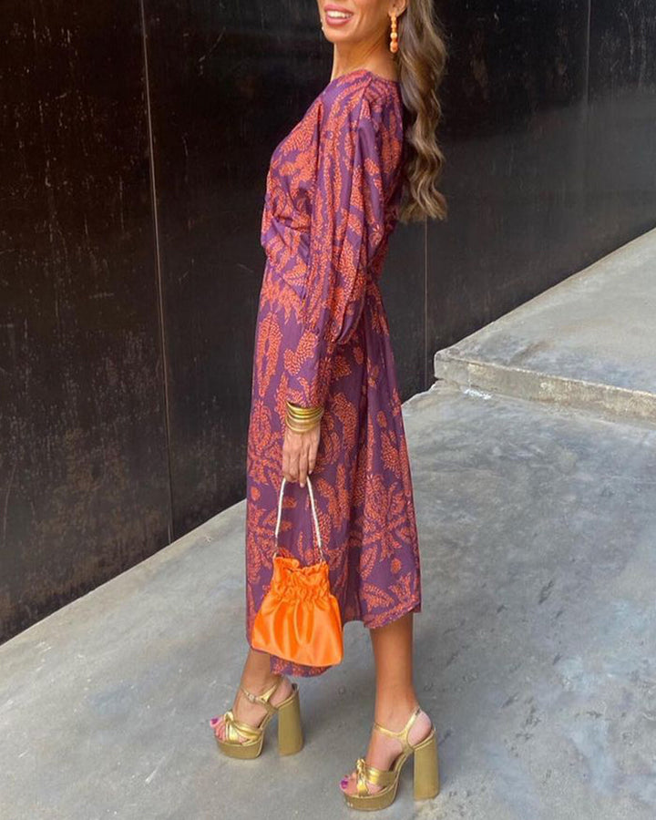 Sophia Vintage Printed V-Neck Long-sleeve Elegant Dress