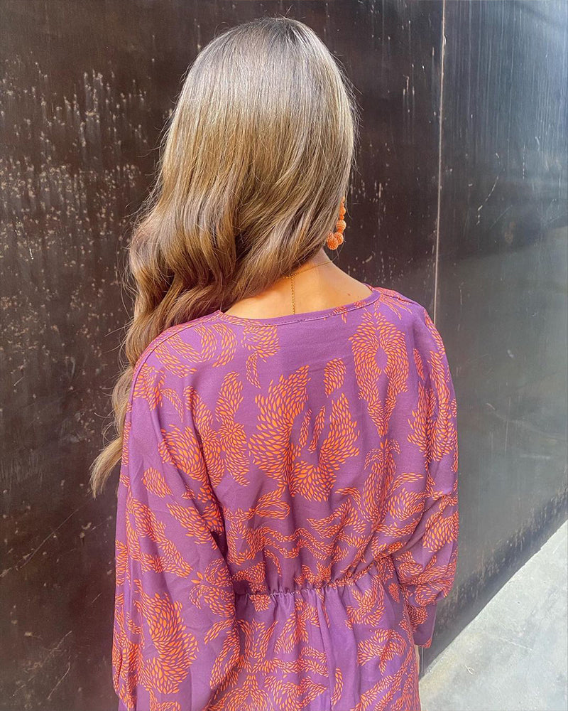 Sophia Vintage Printed V-Neck Long-sleeve Elegant Dress