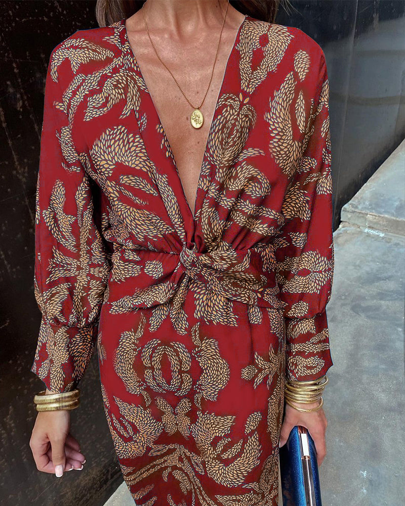 Sophia Vintage Printed V-Neck Long-sleeve Elegant Dress