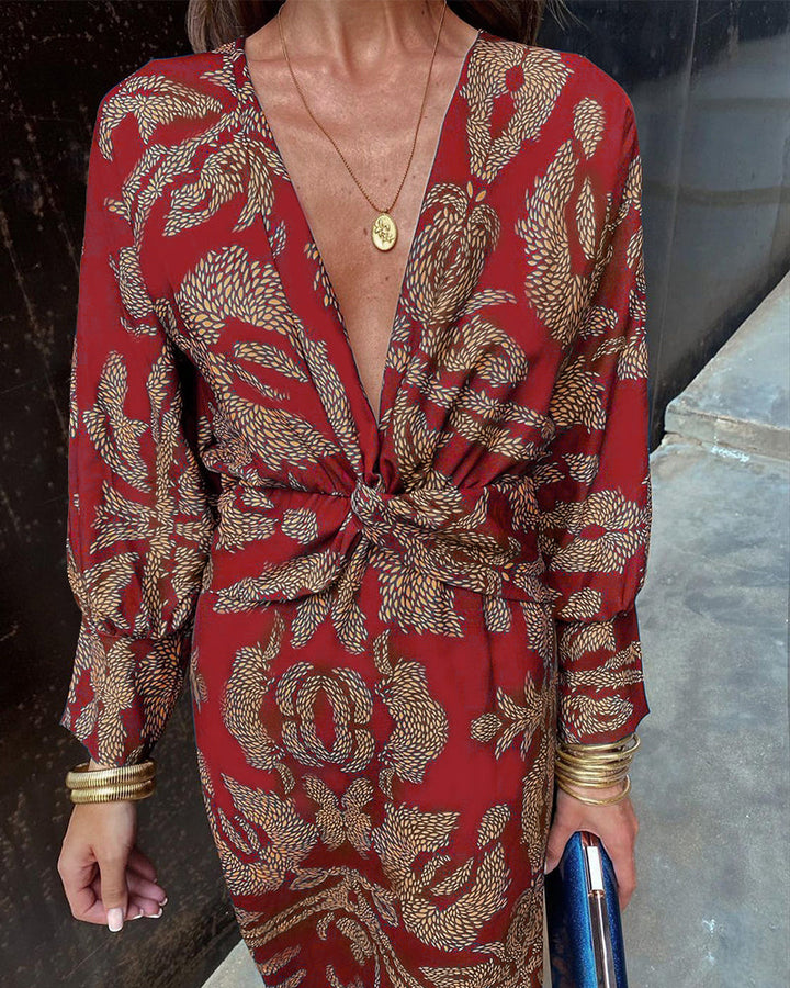 Sophia Vintage Printed V-Neck Long-sleeve Elegant Dress