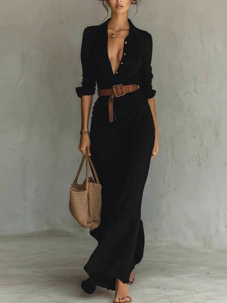 Thames Tailor Lapel-Wrap Maxi Dress