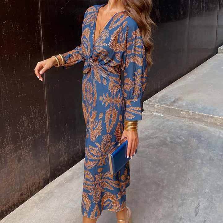 Sophia Vintage Printed V-Neck Long-sleeve Elegant Dress